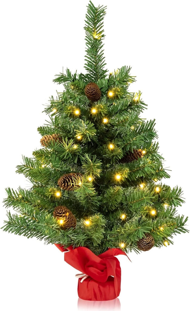Albero di Natale Piccolo 64 cm con Luci, Mini Albero di Natale da Tavolo con 50 Luci LED 8 Modalità di Illuminazione 8 Pigne e Base in Cemento, Albero Artificiale Piccolo da Casa Ufficio