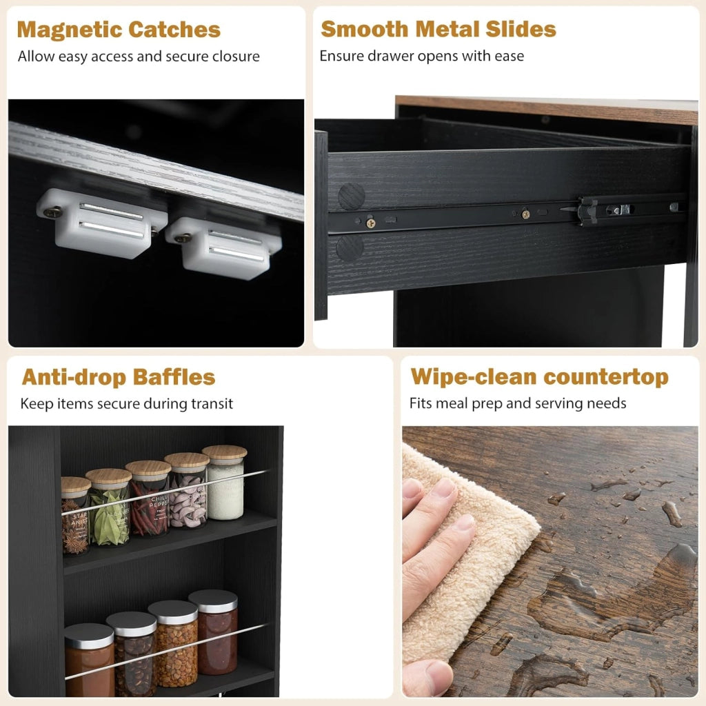 Credenza da Cucina su Ruote, Isola Mobile, Carrello da Servizio con Cassetto e 3 Ripiani, 2 Colori, 75 x 46 x 90,5 cm (Nero)