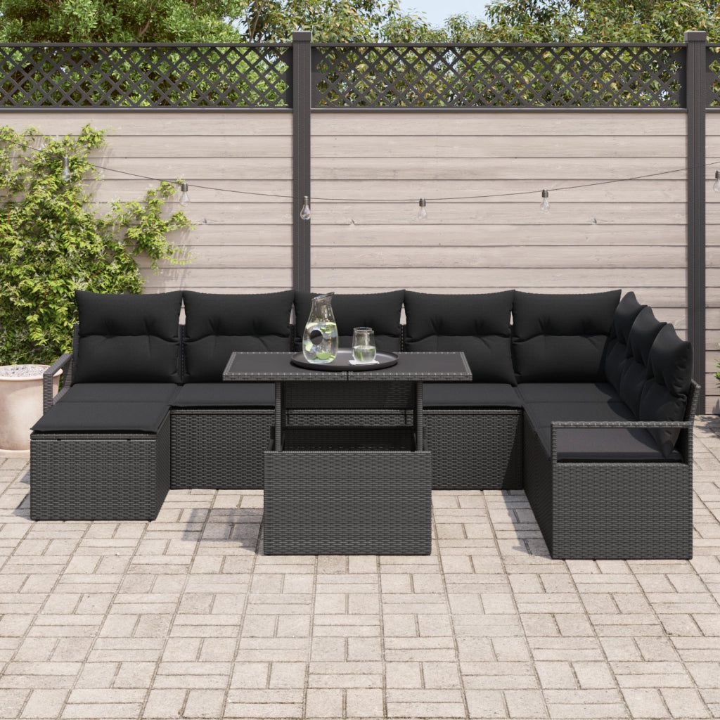 Set Divano da Giardino 9 Pezzi con Cuscini Nero Polyrattan