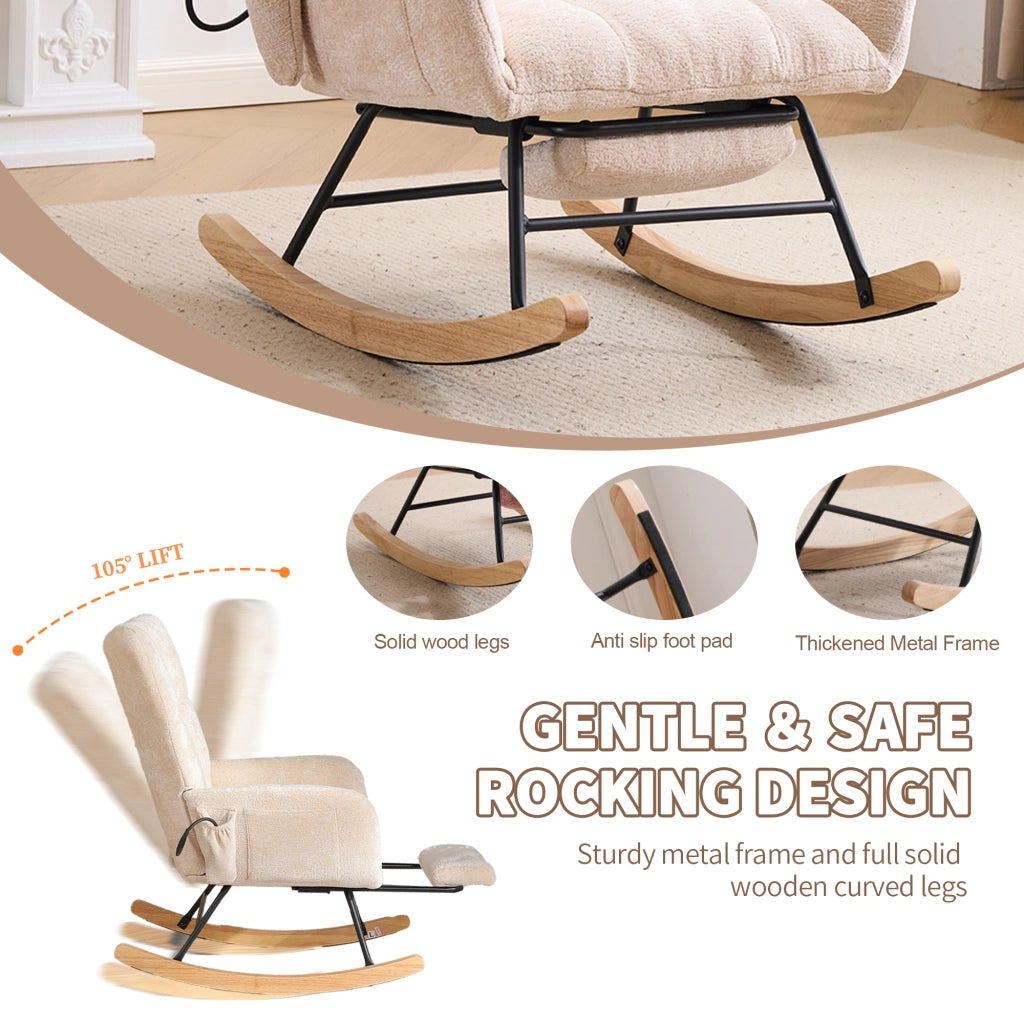 POLTRONA A DONDOLO con poggiapiedi e vano portaoggetti, Chenille Beige