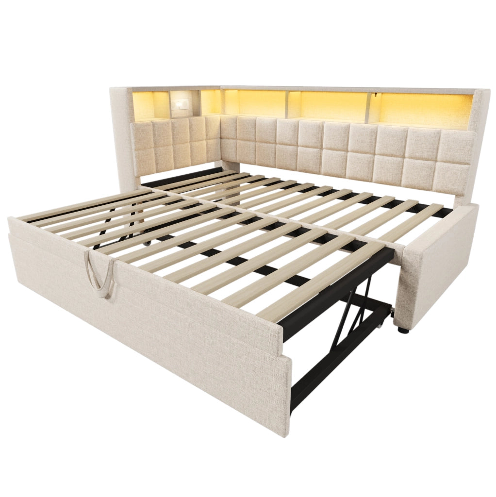Letto imbottito in lino 90x200 cm con letto estraibile 90x190 cm, LED, altoparlante Bluetooth, porte USB e Type-C, testiera angolare con ripiani, beige, senza materasso