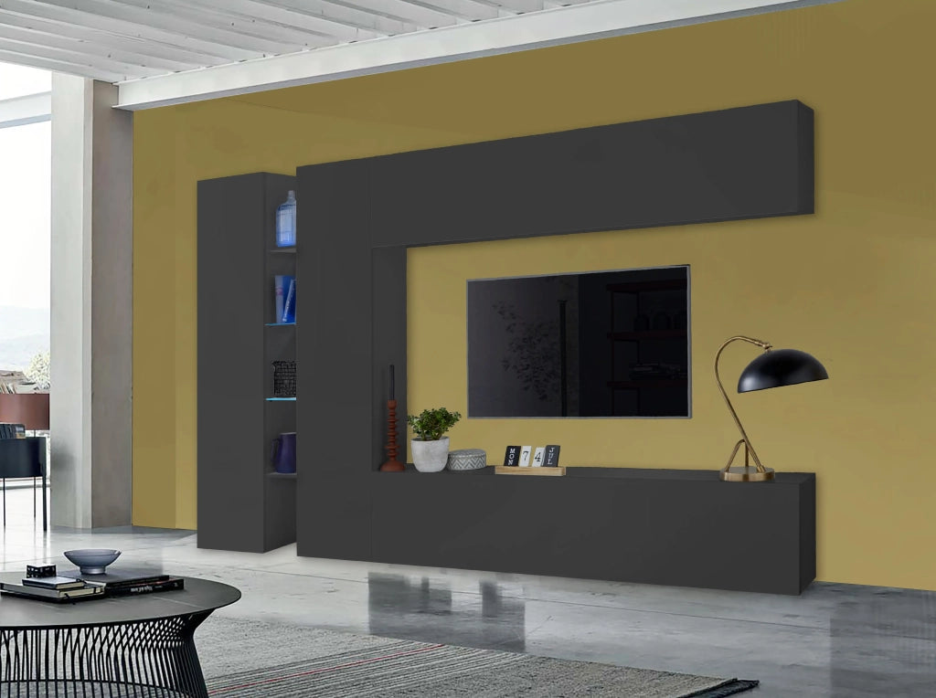 Parete attrezzata moderna antracite mobile TV 2 armadi 4 mensole Note Twin