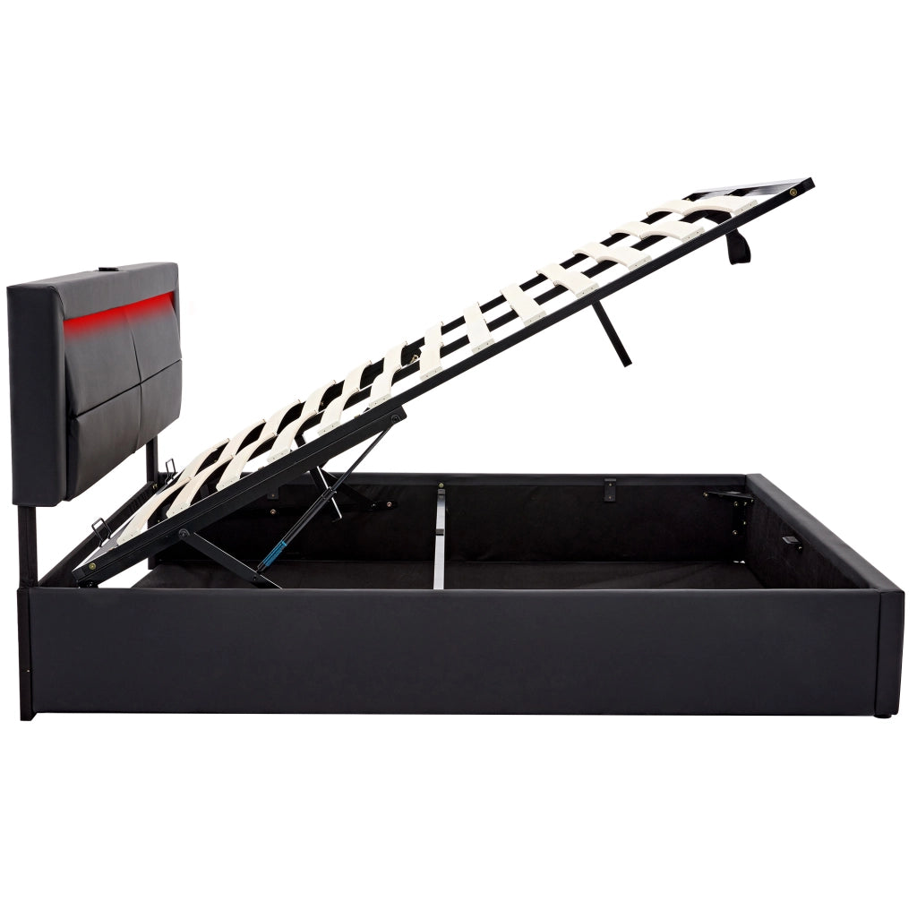 Letto imbottito 140x200 cm in PU nero con USB; illuminazione LED e contenitore