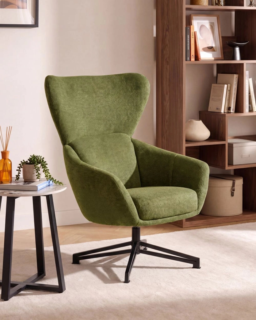 Poltrona Girevole in Tessuto Verde Stile Mid-Century Modern con Schienale Alto e Seduta a Guscio con Braccioli Avvolgenti