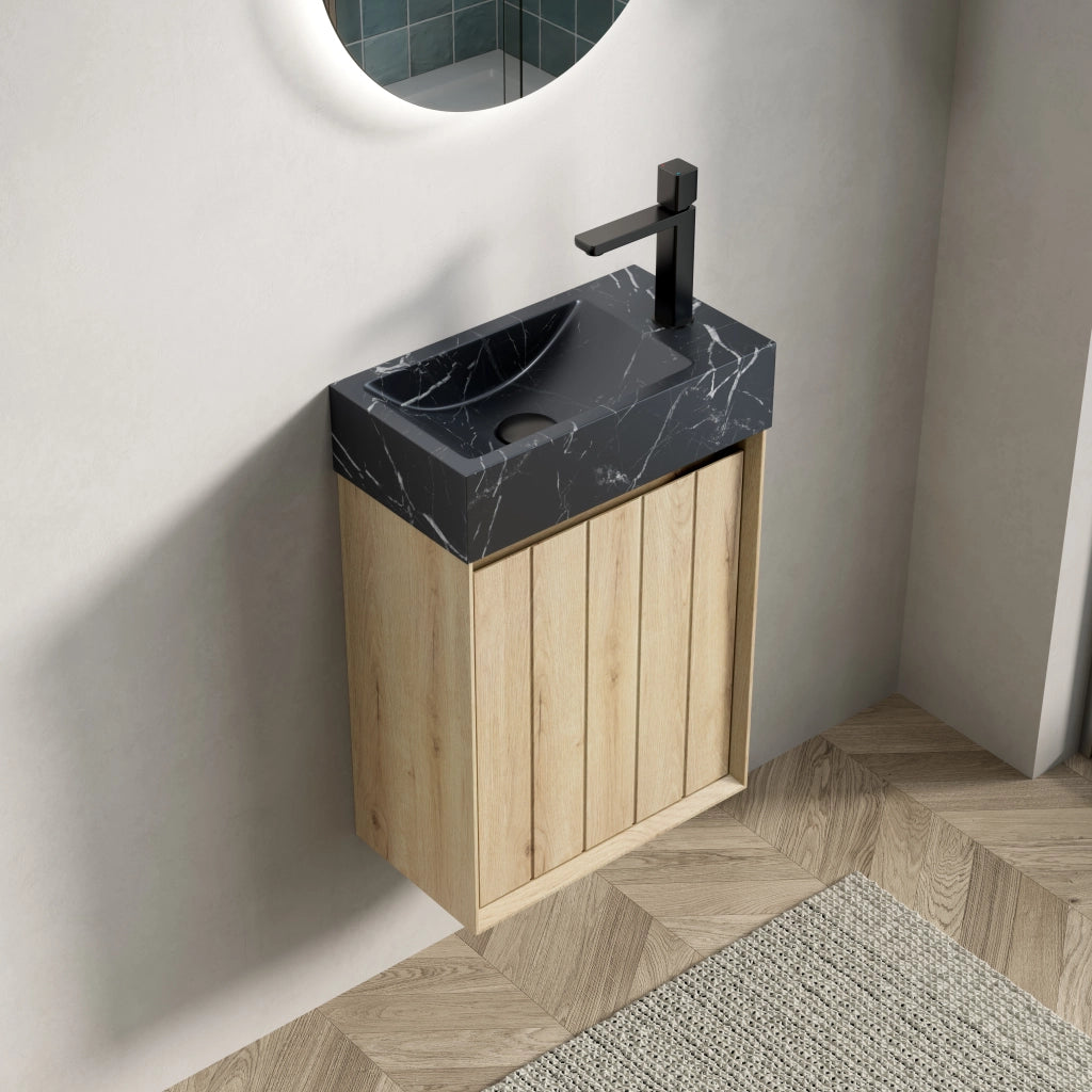 Mobile sottolavabo con lavabo integrato in marmo naturale con 1 anta salvaspazio per bagno nero e rovere bianco
