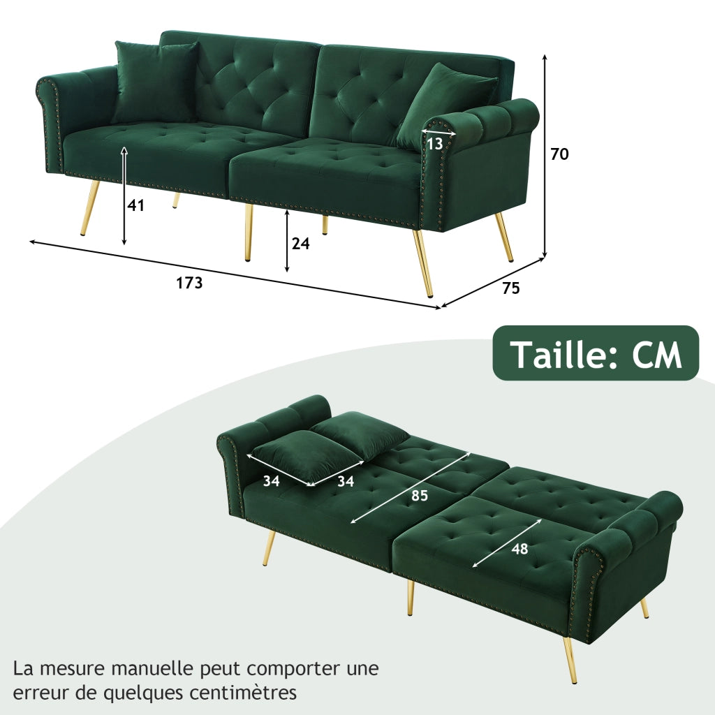 Divano Letto 2 Posti ¨C MINIMAL ¨C Velluto, Schienale Regolabile, Piedini Dorati