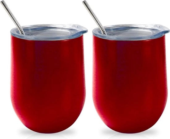 Set di bicchieri di vino isolati con coperchi, confezione da 2, bicchieri di vino in acciaio inossidabile a doppia parete senza contenuto 12 oz, tazza di caffè isolata duratura, per champagne (incluso set di canne e spazzola)