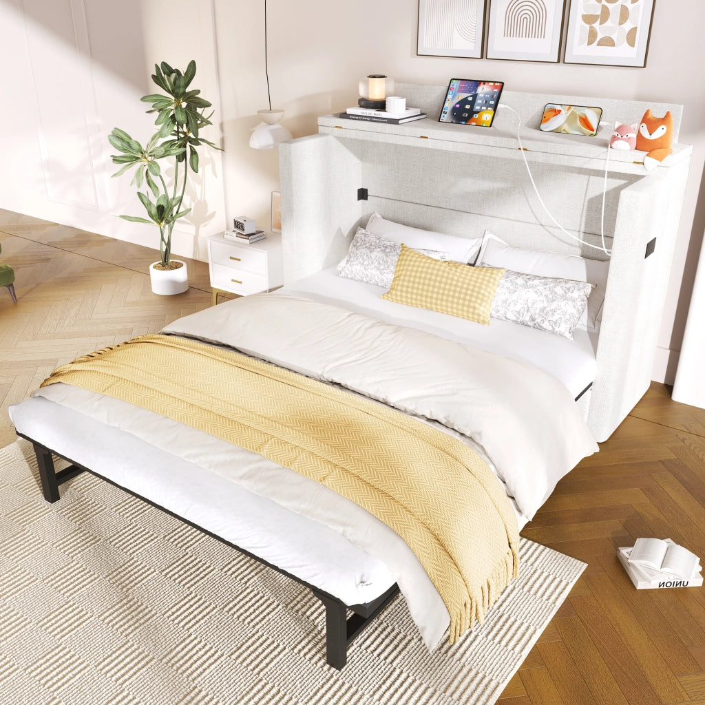 DESMIU Letto a scomparsa 140 × 200 cm 2 posti con USB, Type-C, cassetto e ripiano, senza materasso, beige