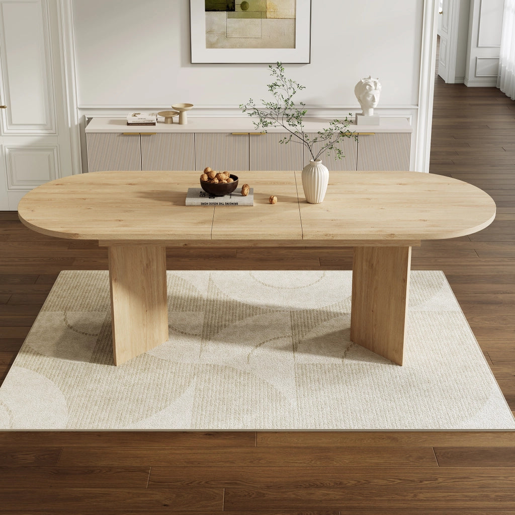 Tavolo da pranzo allungabile con piano da 18 mm e angoli arrotondati, per 4-8 persone, in MDF, rovere chiaro