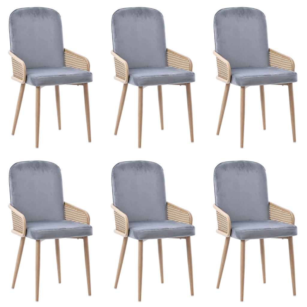 SEDIA da pranzo in velluto e rattan, set da 6 pezzi, grigio