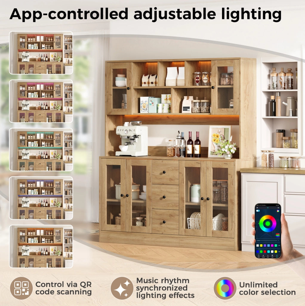 Mobile cucina ULEVR 150x40x173 cm con LED RGB, prese e USB, 3 cassetti e ripiani regolabili, naturale