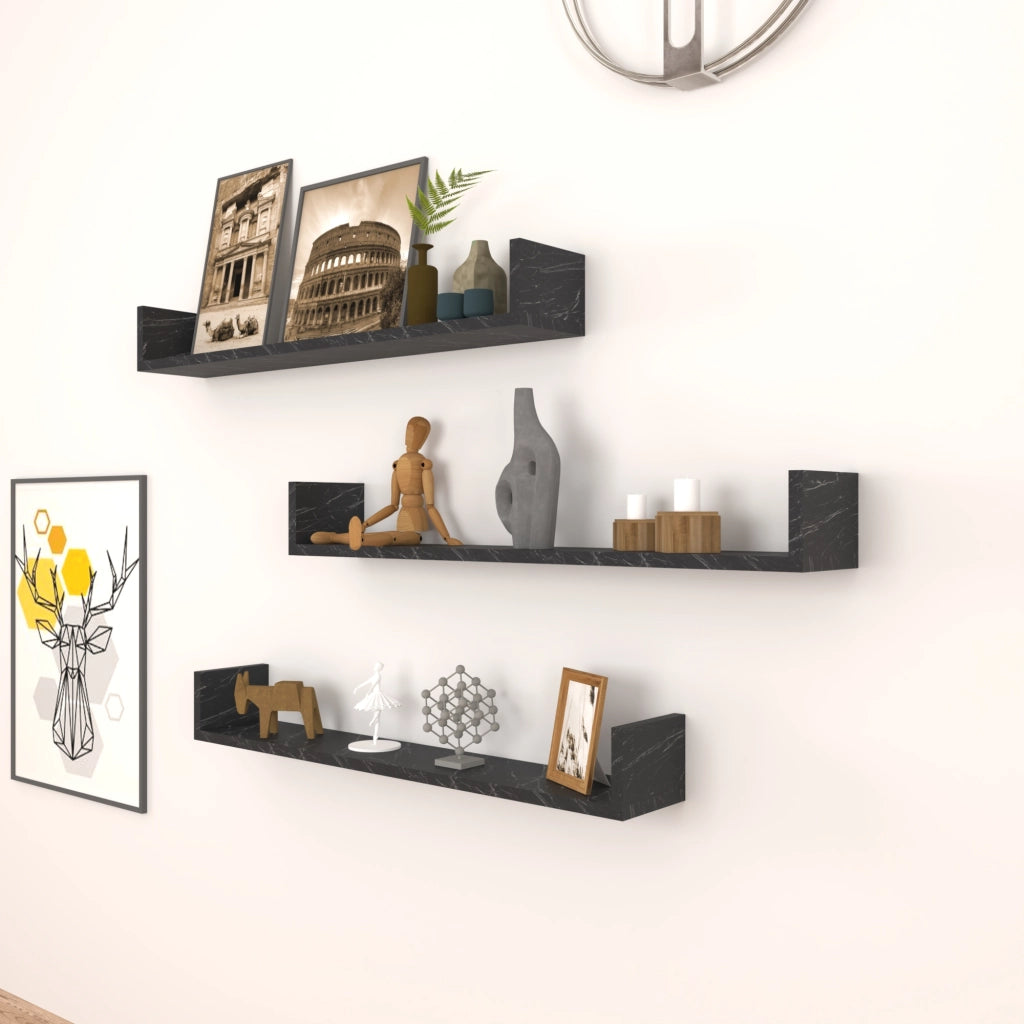 Set 'Höganäs' 3 Mensole da Muro - Consolli Pensili con Piano d'Appoggio a Forma di U - Largo 90 cm - Effetto Marmo Nero [en.casa]