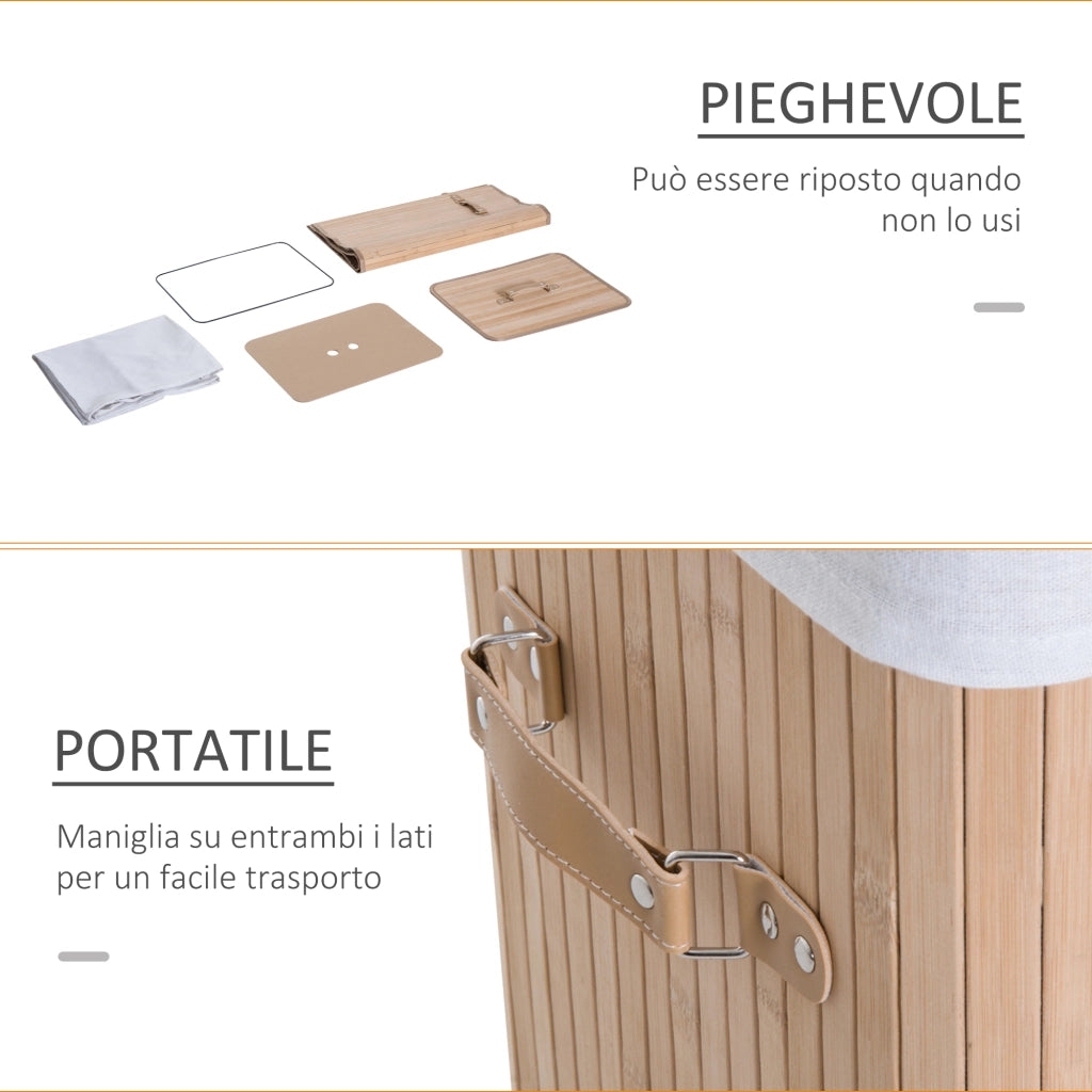EasyComfort Cesto Portabiancheria in Bambù con Coperchio, Cestino per Biancheria con Sacco in Tessuto Rimovibile, 40x30x60cm, Naturale