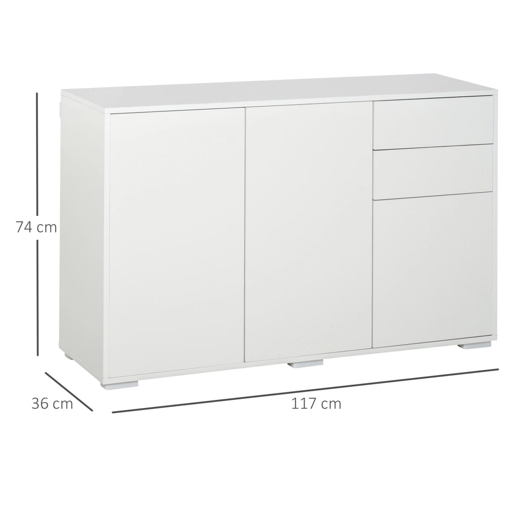 Sideboard bianco con 2 cassetti, 3 vani e ripiani regolabili, 117x36x74 cm