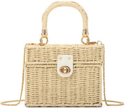 Borsa a mano quadrata in rattan tessuto a mano, borsa a strisce per donna, borsa da spiaggia per donna