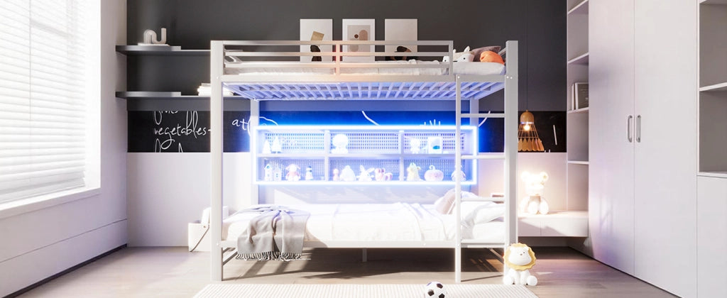 DESMIU Letto a castello 140 × 200 cm 2 posti con 6 vani portaoggetti, LED, senza materasso, metallo, bianco