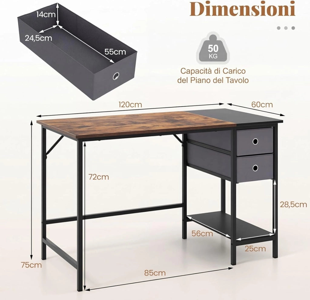 Scrivania per Computer, 120 x 60 x 75 cm, Scrivania Ufficio con 2 Cassetti e Ripiano, Tavolo Postazione di Lavoro, Studio e Lettura, Scrittoio Salvasapzio in Legno e Metallo (Marrone)