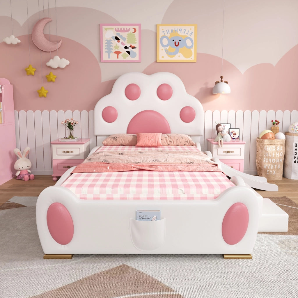 OKWISH Letto Bambini Singolo 90×200 cm con Scivolo, Scala a 2 Gradini e Tasca Portaoggetti, senza Materasso, in PU, Bianco e Rosa