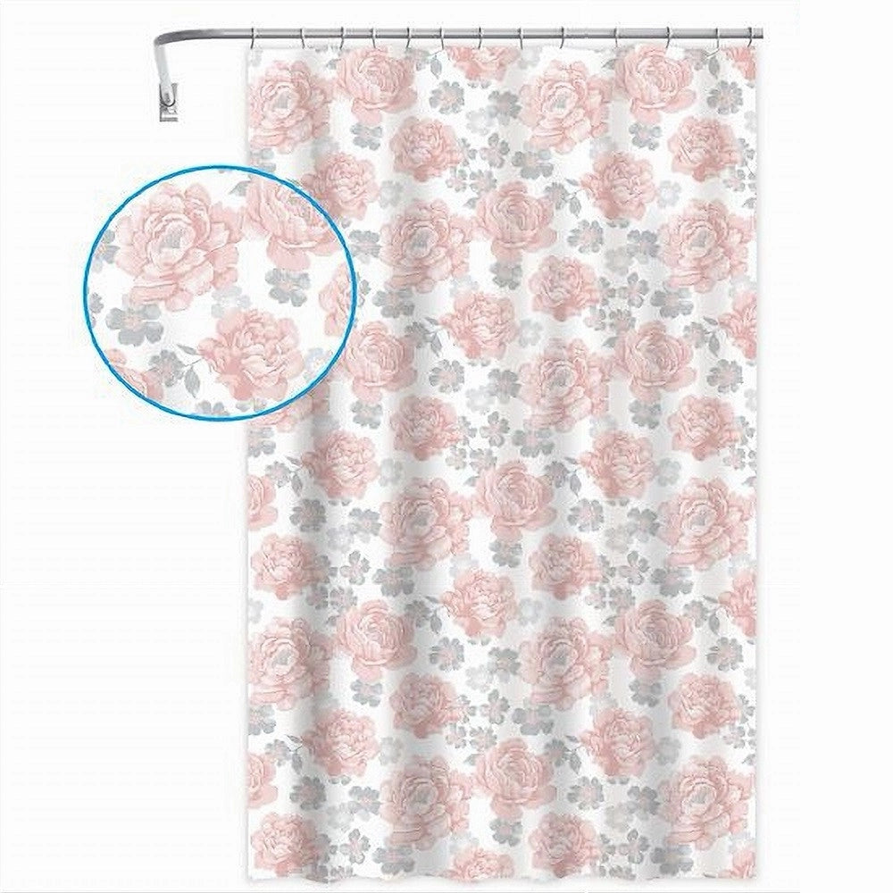 Trade Shop - Tenda Per Doccia Vasca Da Bagno 12 Ganci Stampa Fiori Rosa Grigi 180x200cm 87575 -