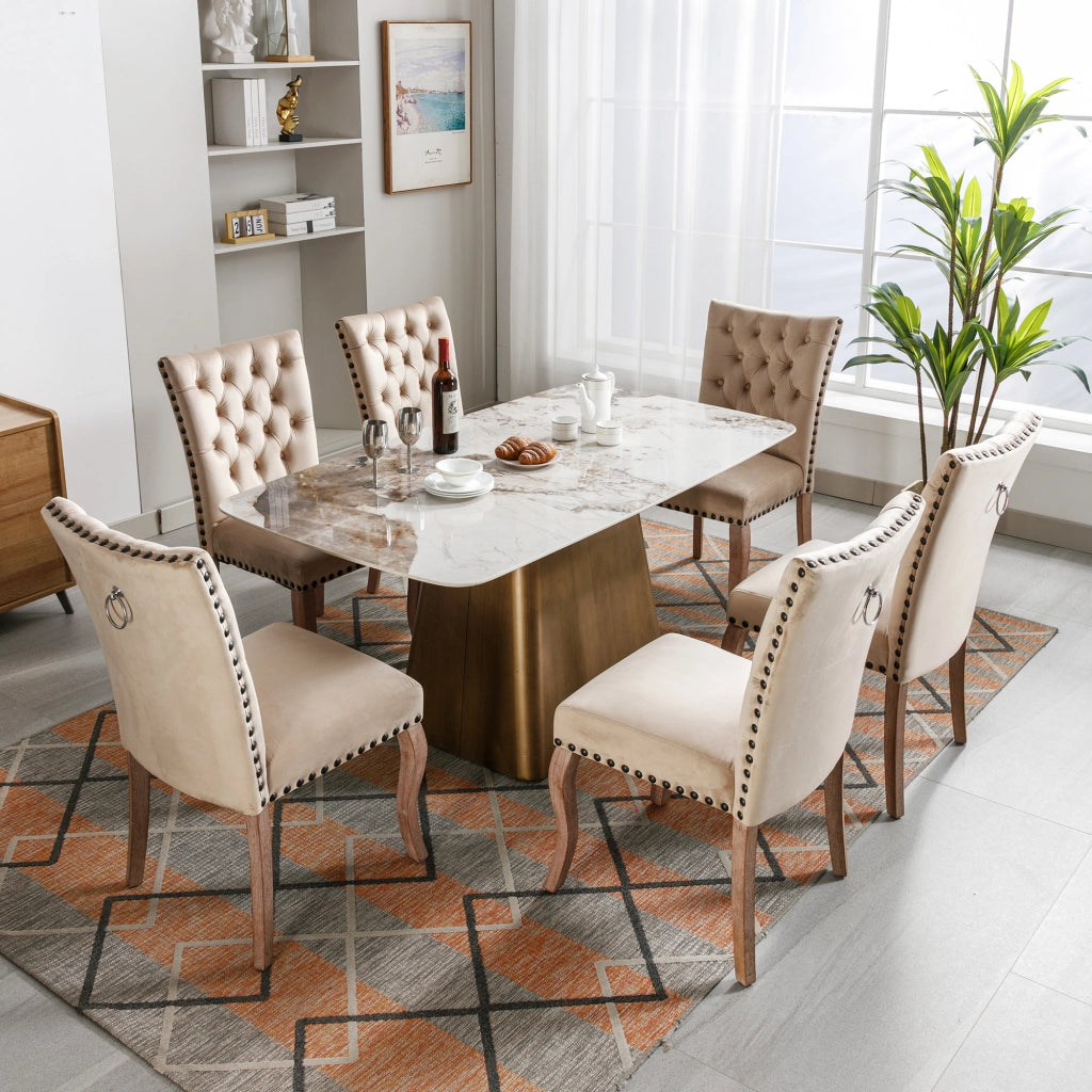 Set di 6 sedie da pranzo imbottite con schienale decorato e piedini regolabili in velluto - beige chiaro