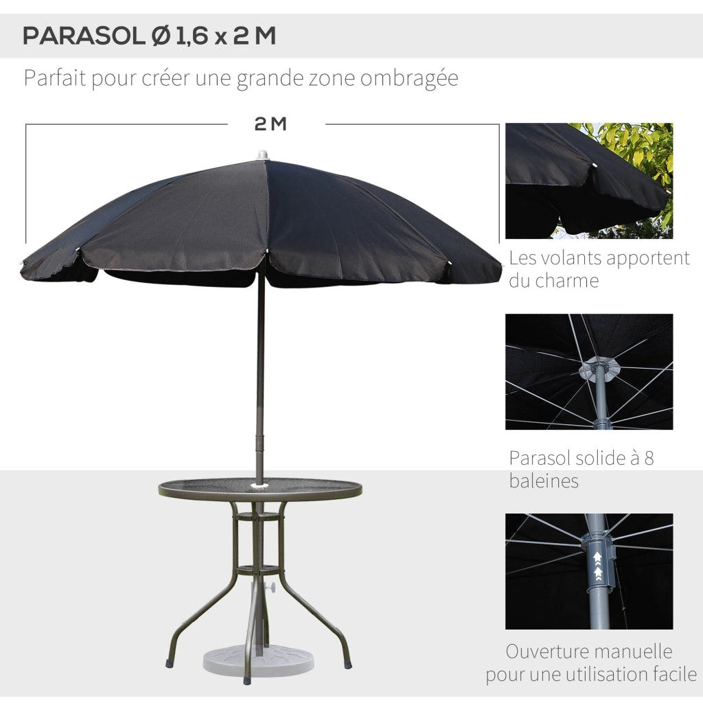 Set giardino 6 pezzi con tavolo rotondo, 4 sedie pieghevoli e ombrellone ¨C zephmum ¨C nero, metallo, tessuto