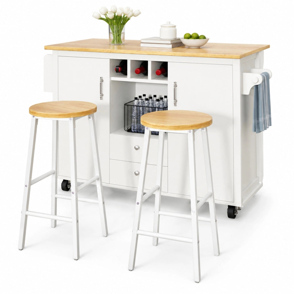Isola cucina mobile bianca con piano ribaltabile e 2 sgabelli