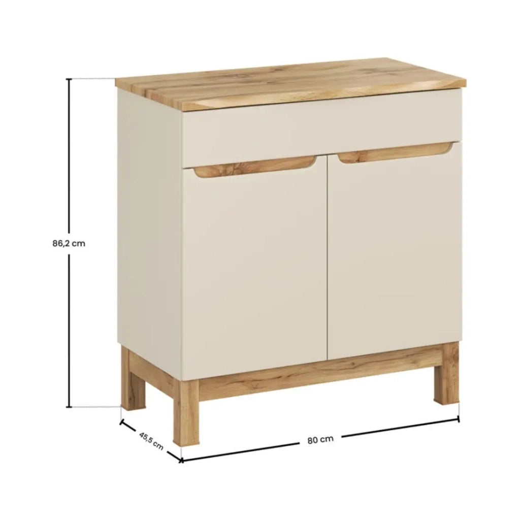 Set da bagno ERMANO cachemire e finitura quercia 80cm: mobile sotto lavabo + piano per lavabo bisellato