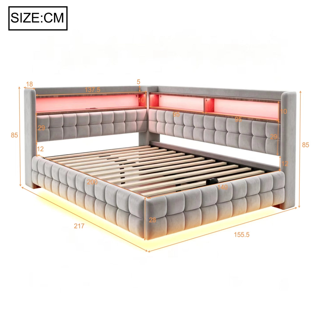 Letto Contenitore 140x200 cm; Letto Matrimoniale con USB; Type-C; LED e Mensole
