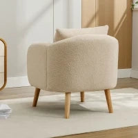 Poltrona Relax Moderna in Velluto Teddy con Cuscino, Seduta Extra Spessa, Struttura in Legno Massello, 71x72x71cm - Poltroncina da Salotto, Beige