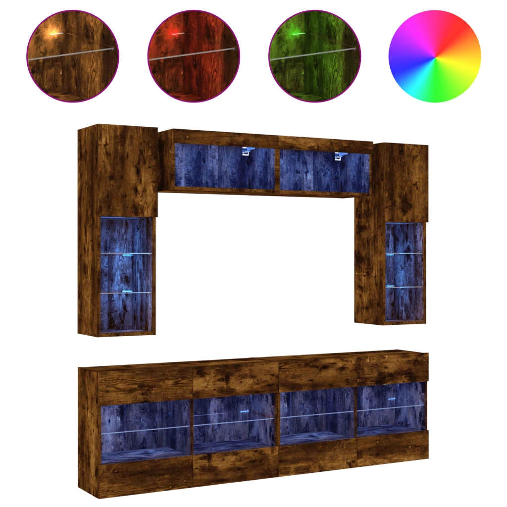 Set di 6 mobili porta TV/guardaroba/soggiorno con luci a LED finitura rovere fumé marrone 02_0025352
