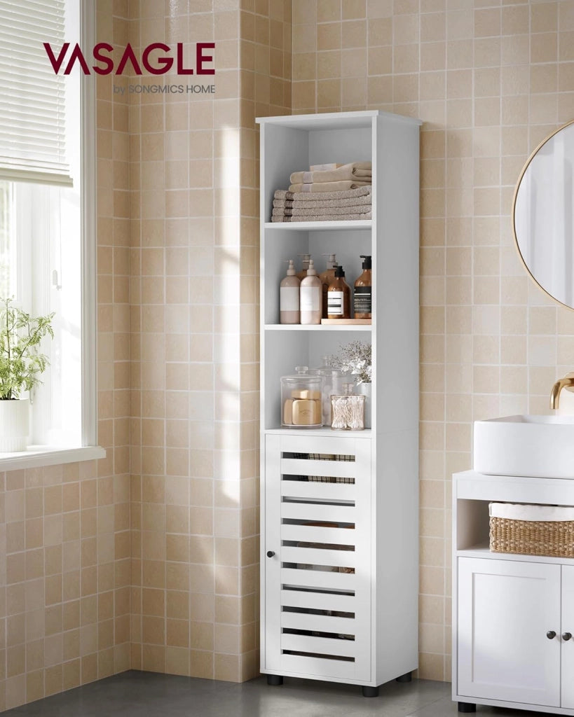 VASAGLE Mobile da Bagno, Armadio Alto per Bagno, Organizzatore Portaoggetti, con 3 Scomparti Aperti e 2 Ripiani Regolabili, Soggiorno, Entrata, Bianco Nuvola BBK160W01