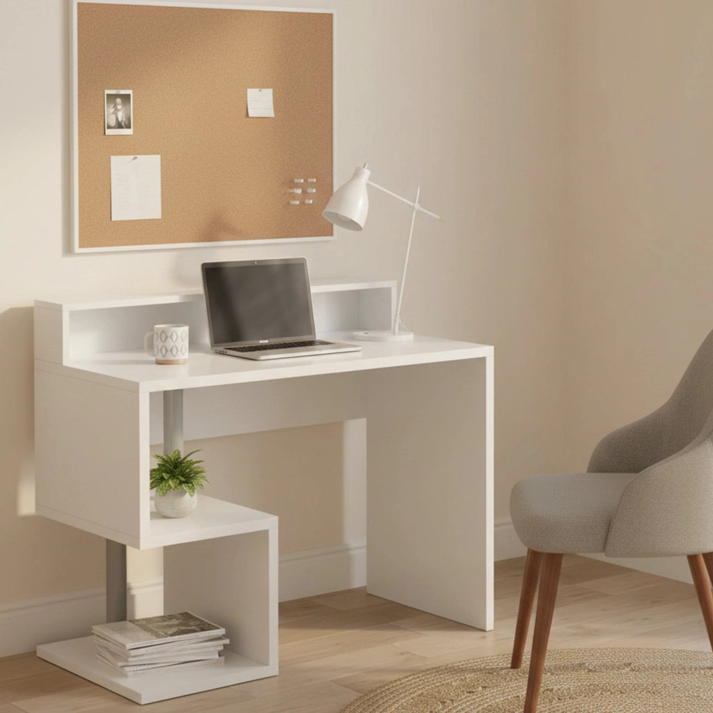 Scrivania Eva, Scrittoio lineare con ripiani portaoggetti, Scrivania ufficio multiuso con sopralzo, 100x50h93 cm, Bianco