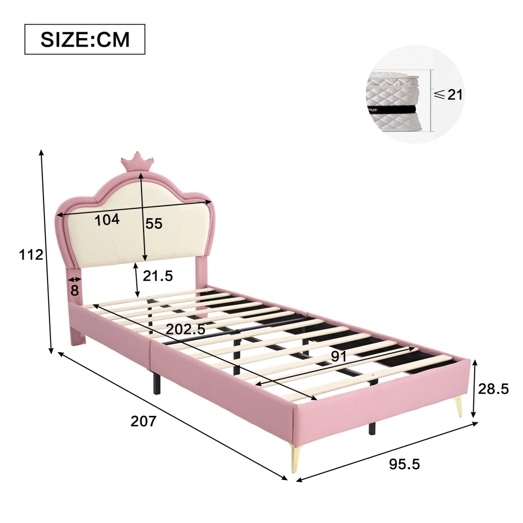 OKWISH Letto Bambini 90×200 cm, Letto Singolo con Bordi Imbottiti, Testiera Corona e 12 Doghe, senza Materasso, PU, Rosa e Bianco