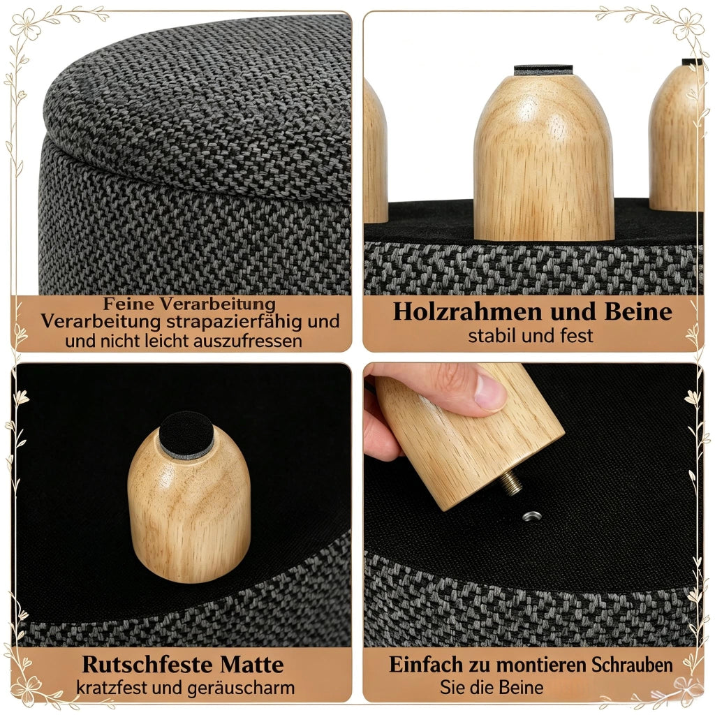 Poggiapiedi contenitore rotondo con seduta imbottita e vassoio in legno in lino spesso grigio scuro 39 × 39 × 33 cm