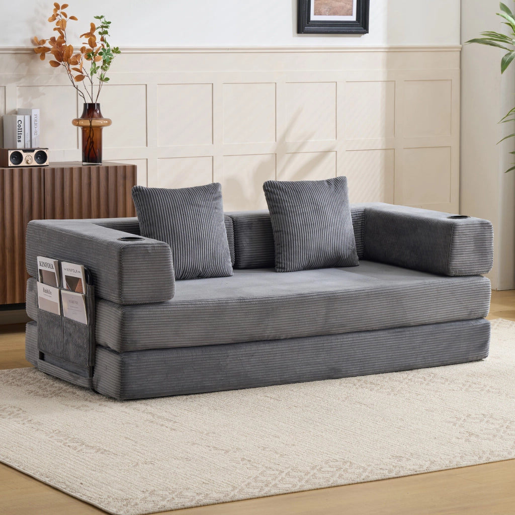 Divano letto pieghevole con funzione letto, tasche laterali e portabicchieri in velluto a coste grigio scuro per salotto