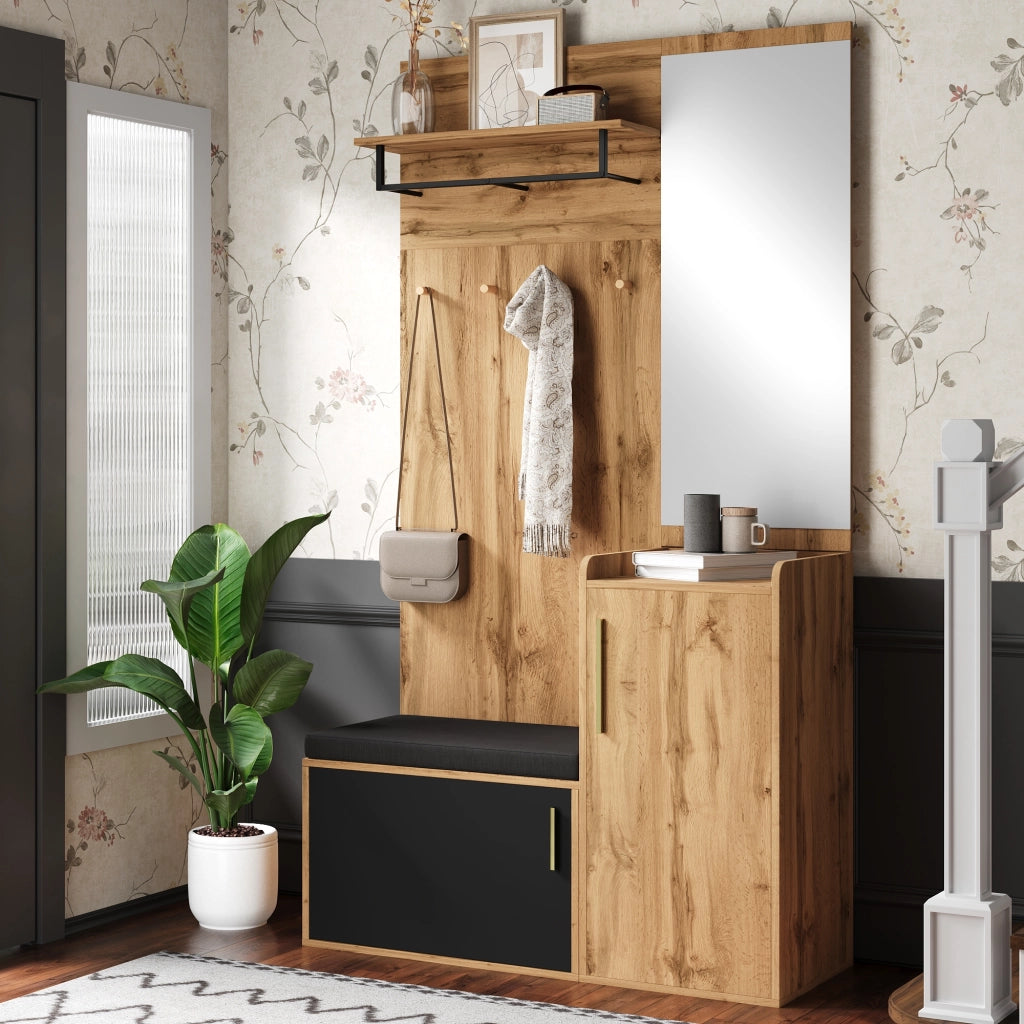 Mobile Ingresso con Specchio e Panca; Scarpiera con 1 Anta; Ganci e Ripiano; Stile Moderno; in Pannelli di Particelle; Nero e Rovere; 100??38??185 cm