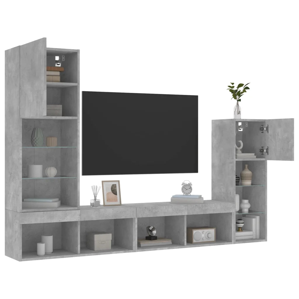 Mobili TV a Muro con LED 4pz | Armadietto TV | Mobile Porta TV Grigio Cemento Legno Multistrato