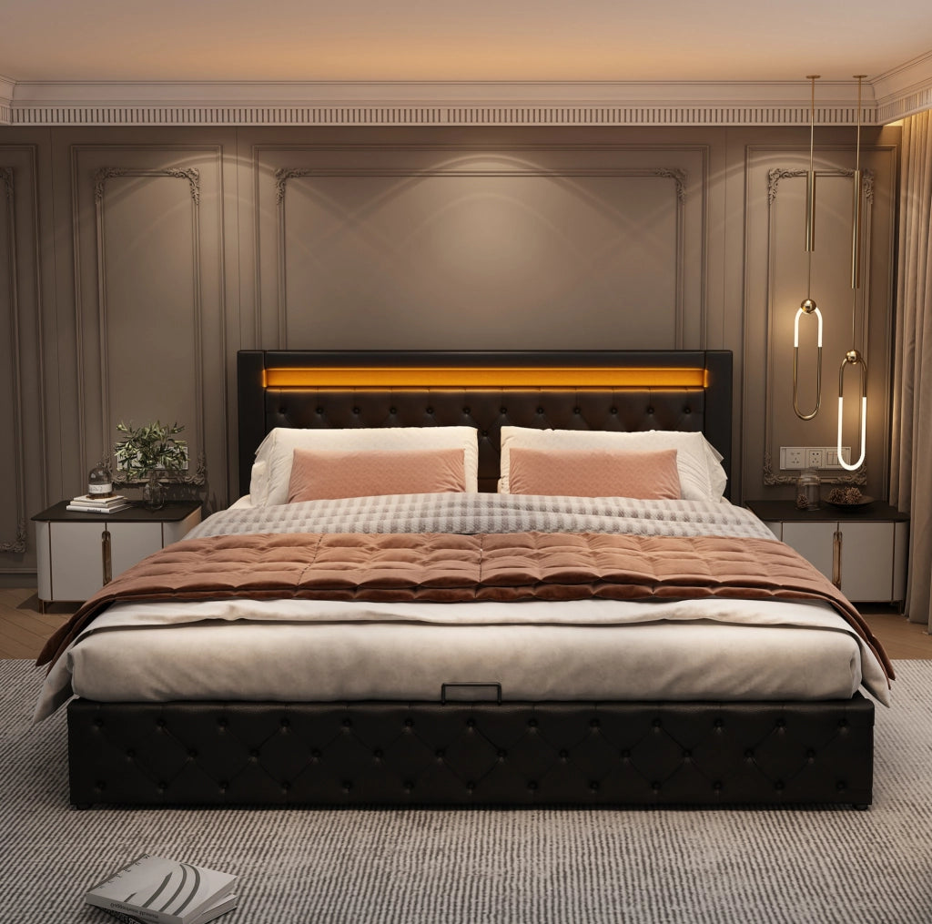 Letto contenitore imbottito 160x200 cm con LED; rete a doghe; PU nero