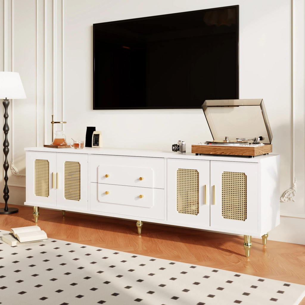 MOBILE TV 175x38x55,5 cm Bianco con ante in PVC rattan e cassetti