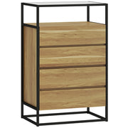 Cassettiera 60x40x94,5 cm con 4 cassetti e Ripiano aperto in MDF Acciaio e Vetro Color Legno