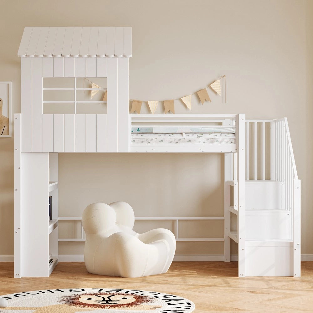 Letto a castello singolo - Zephmum- 90¡Á200 cm- Bianco- Casa design, griglia di sicurezza, scala regolabile