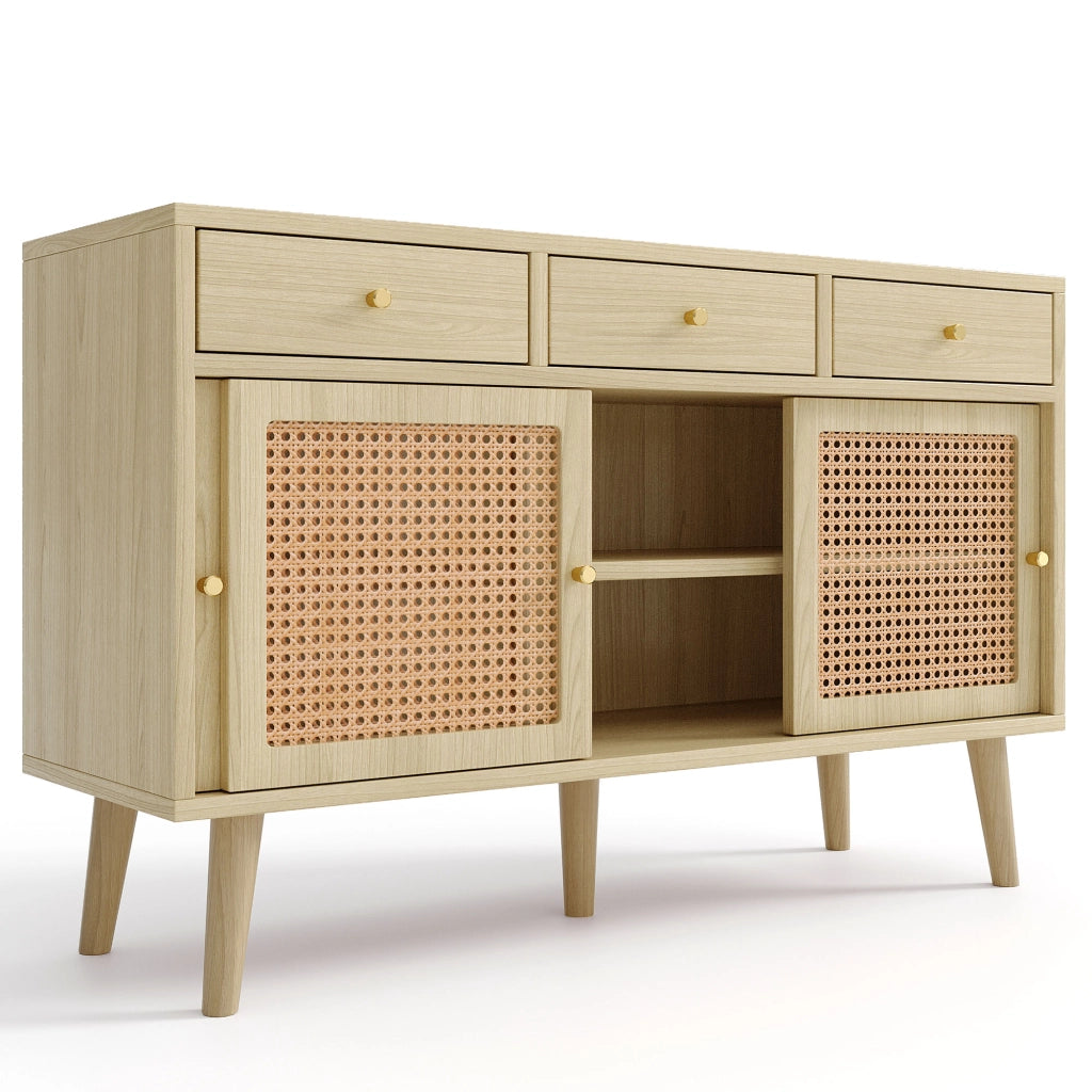 Credenza con Cassetti e Ante Scorrevoli in Rattan ¨C MINIMAL ¨C Rovere, 120x40x78