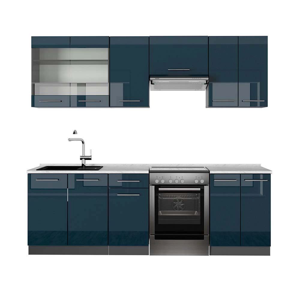 Cucina componibile Fame-Line Blu scuro lucido/Antracite 240 cm, PL Marmo Vicco