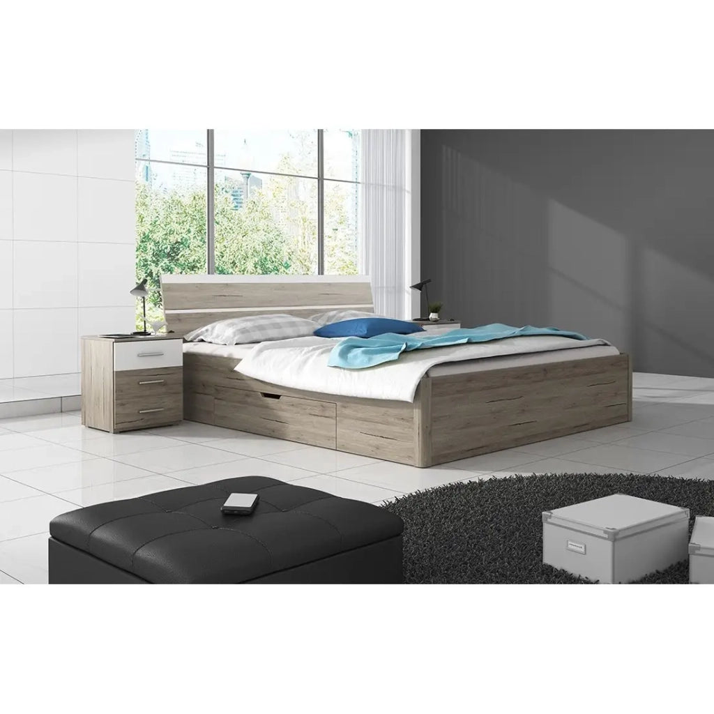 Letto matrimoniale 160x200, cassetti integrati e rete inclusa - Collezione EOS. Colori rovere chiaro e bianco