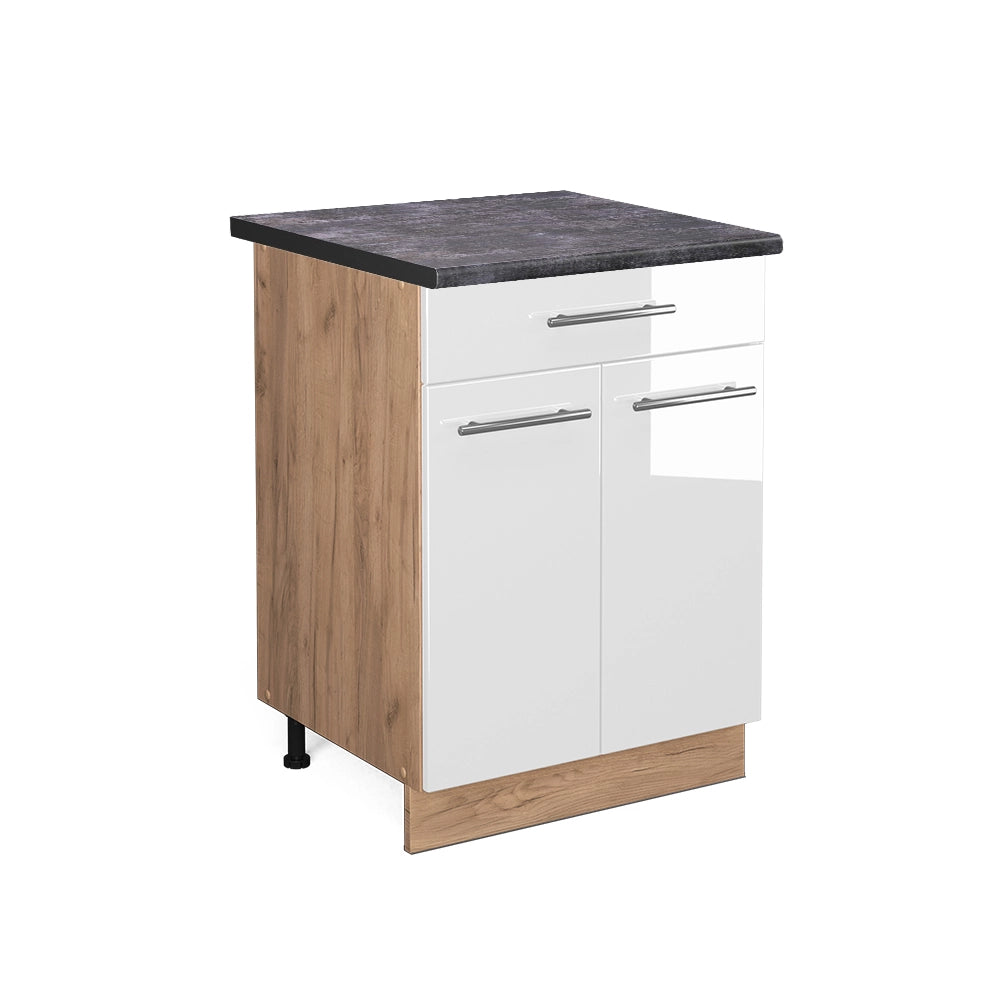 Mobiletto base per cucina Fame-Line Bianco lucido/Rovere dorato 60 cm con cassetto, PL Antracite Vicco