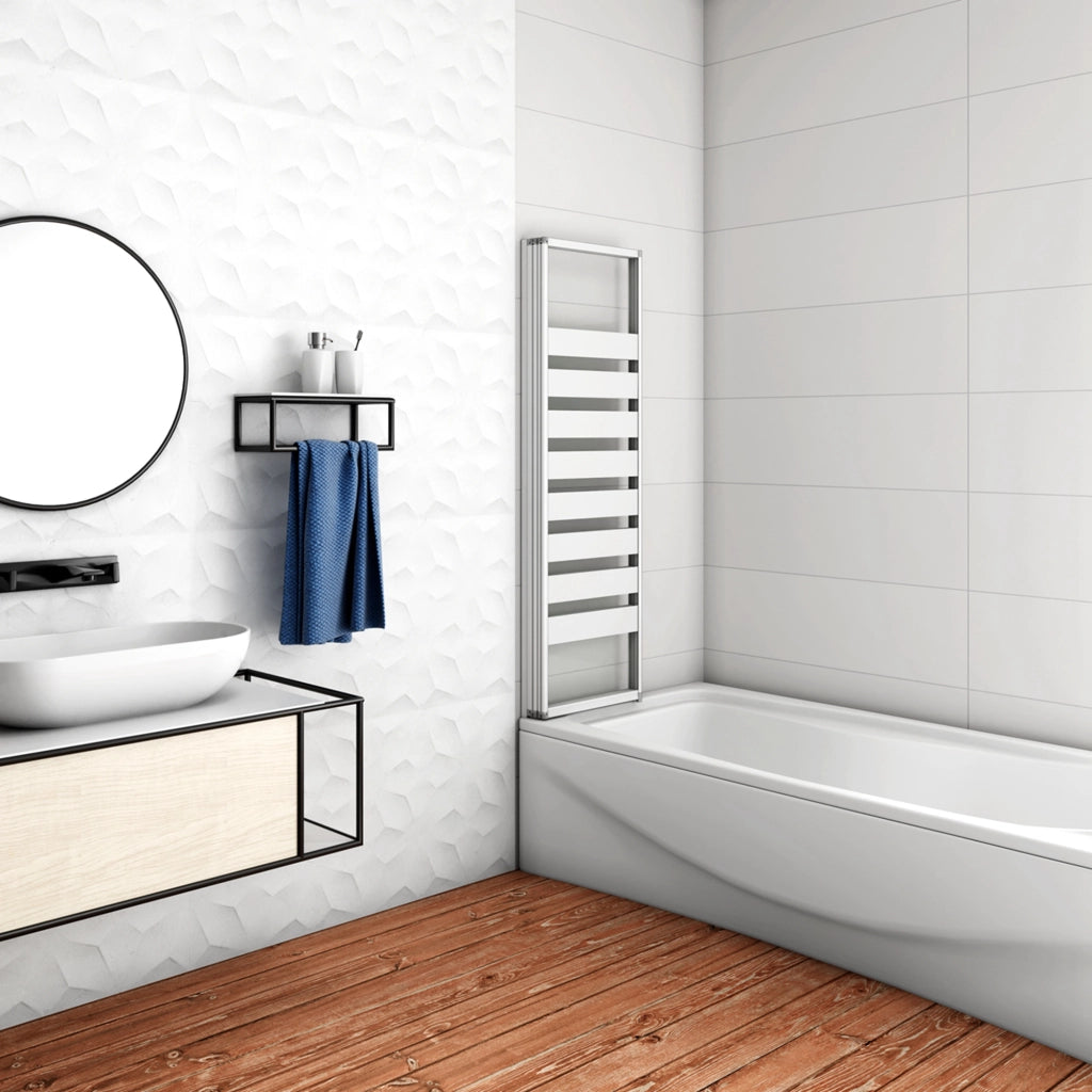 100x140 cm Parete Vasca da Bagno Doccia 3 Ante Pieghevoli a Libro Montaggio Verso Sinistro Vetro 4 mm Temperato Fasce Bianche Opache Telaio Argento Opaco