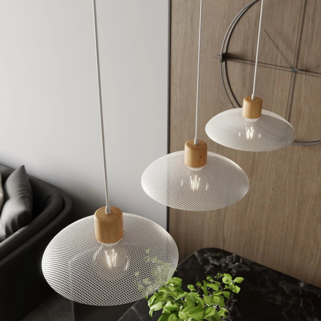 Lampada a sospensione KOBE 3 in acciaio bianco opaco e legno