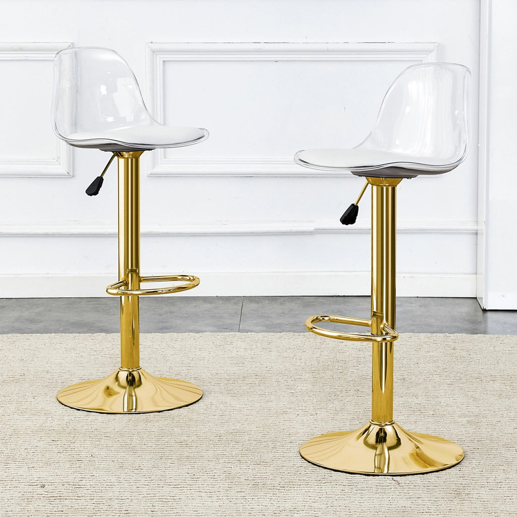 Set di 2 sgabelli da bar con schienale trasparente; altezza regolabile; seduta girevole; metallo e plastica; Oro Trasparente