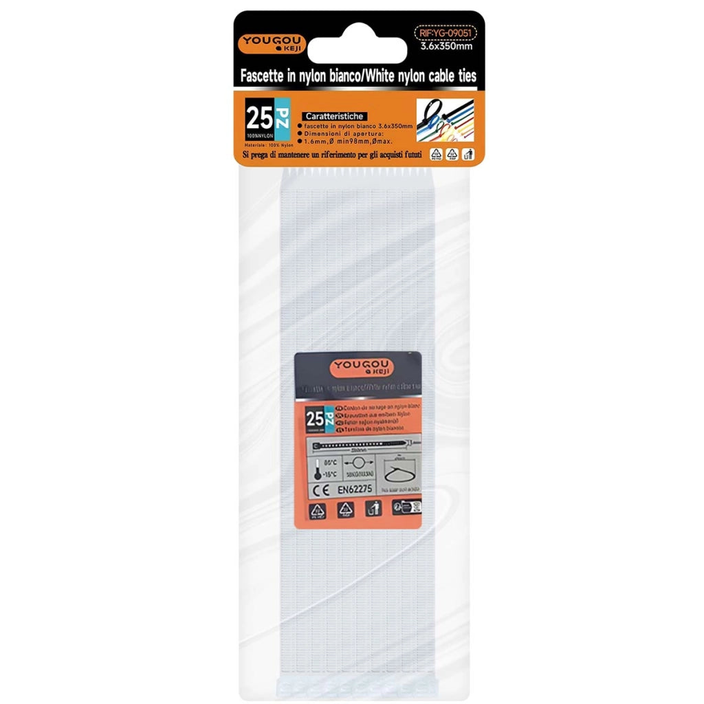 Fascette Stringicavo Autobloccanti 3,6 x 350 mm 25 Pezzi in Nylon Bianco Avizar