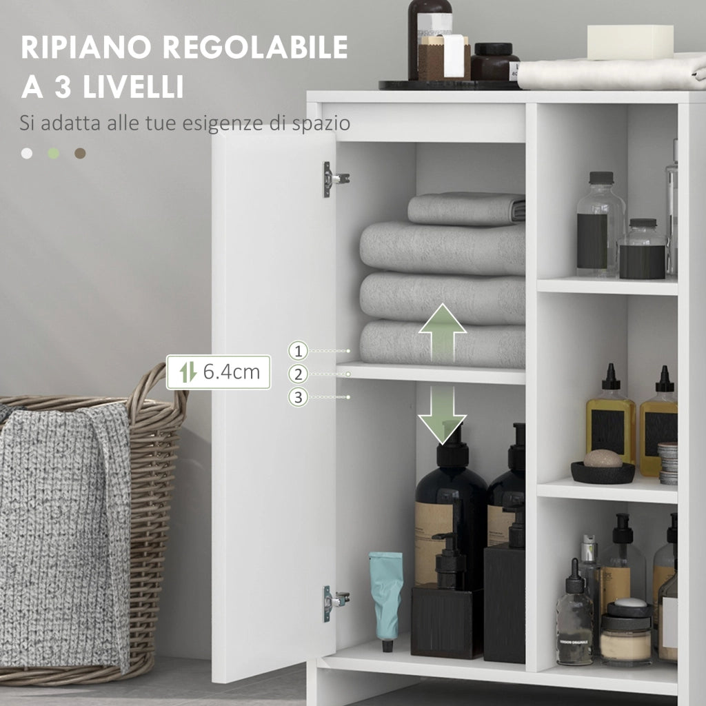 Mobiletto Bagno con 3 Ripiani Aperti e Armadietto a un'Anta con Mensola Regolabile, 53x30x80cm, Bianco